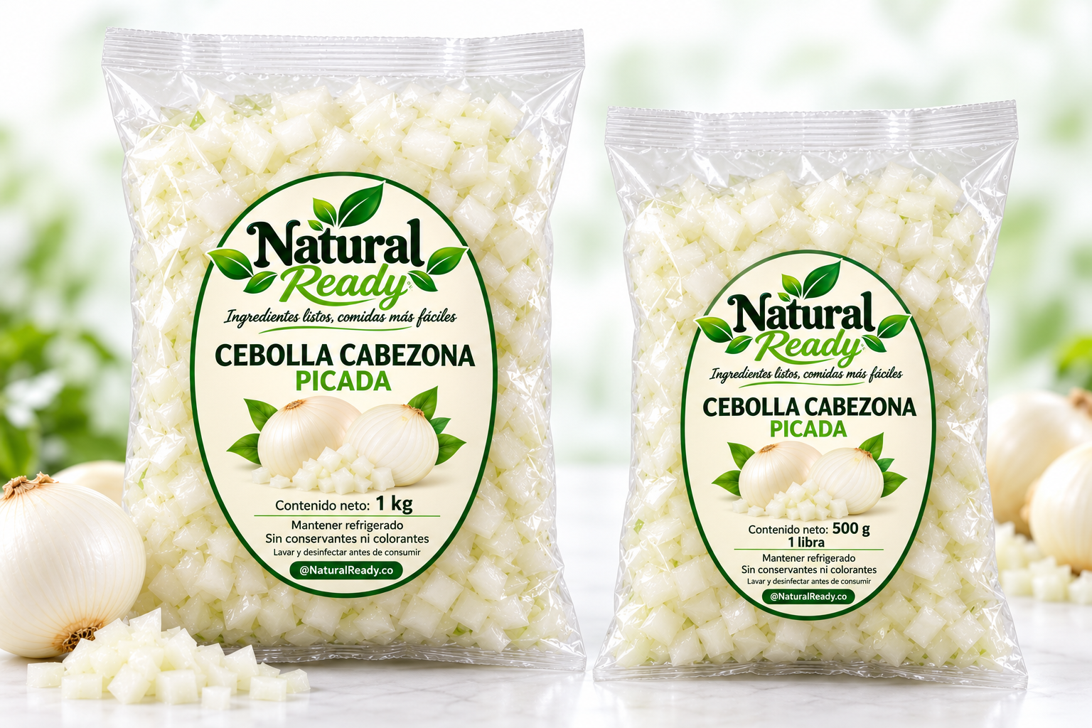 Bolsas Natural Ready de cebolla cabezona picada en presentaciones de libra y kilo